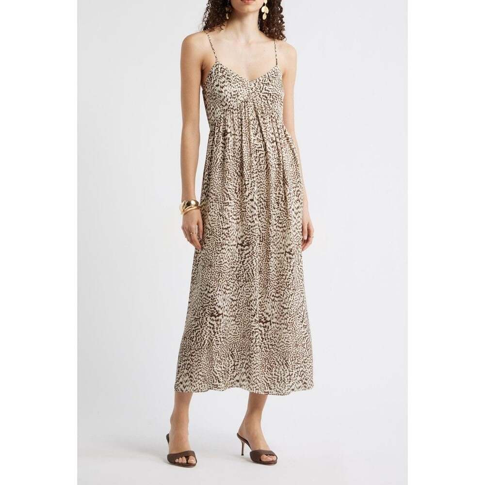 Leopard Print Midi Dress with Gathered Bodice and Thin Straps